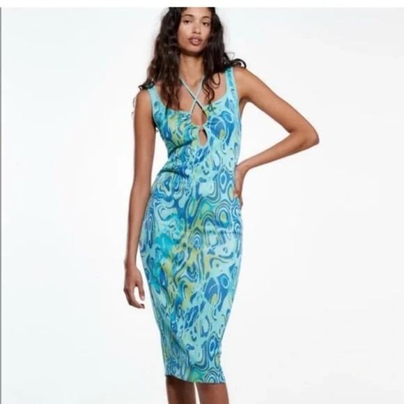 Zara Blue & Green Swirl Knit Sleeveless Bodycon Midi Dress NWOT – Size Small - Picture 1 of 10